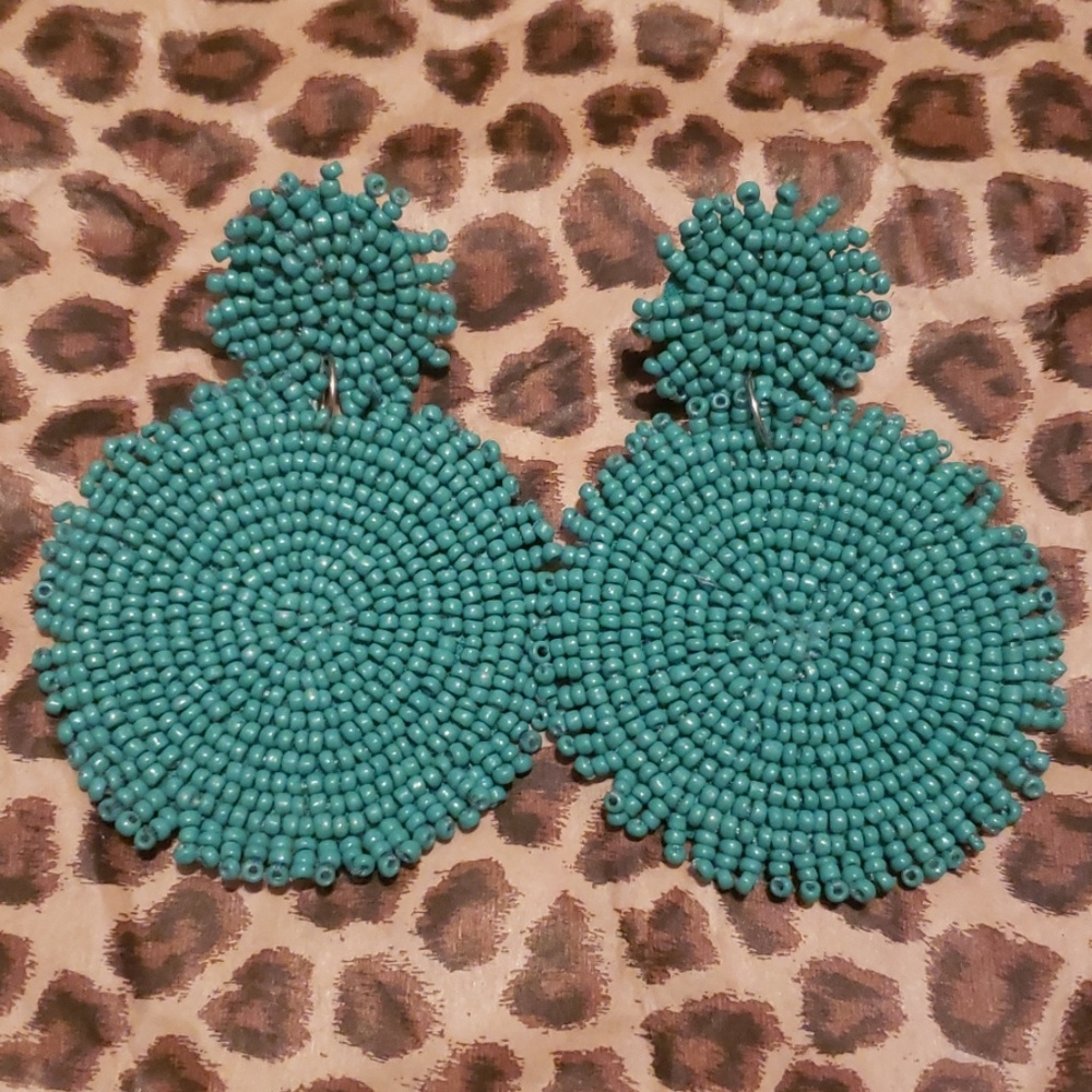 Turquoise Beaded Boho Southwestern Circle Earrings - Picture 2 of 3